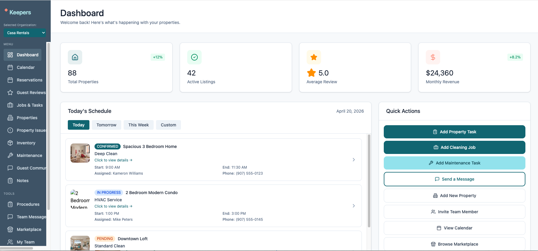 Keepers Ops dashboard with today's schedule